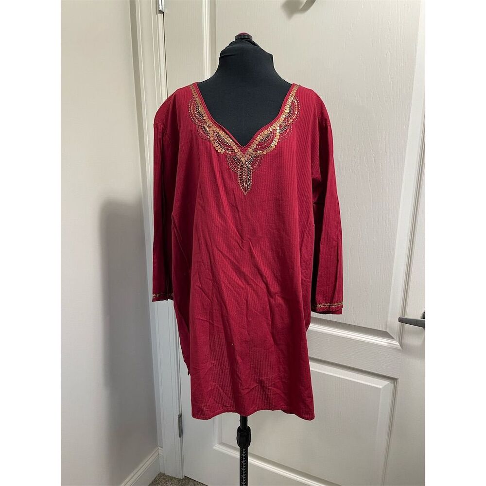 Liz & Me Women's Plus 3X Red Embellished Tunic Top V-Neck Long Sleeve (sku#315)